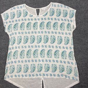 J.Jill Love Linen Top White Blue Paisley Cap Sleeve Womens | S